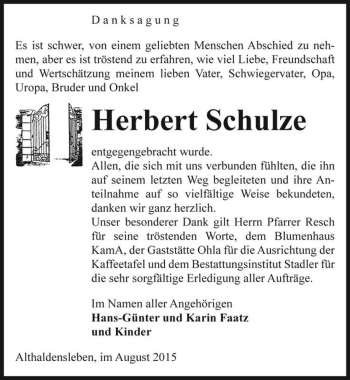Traueranzeige von Herbert Schulze  von Magdeburger Volksstimme