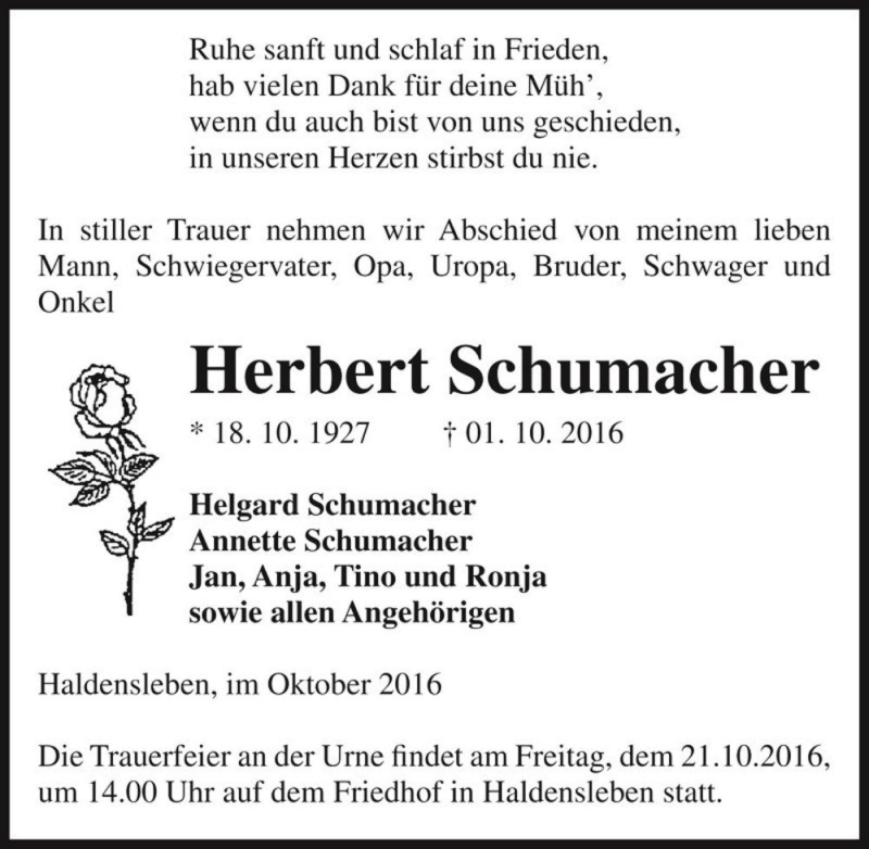  Traueranzeige für Herbert Schumacher  vom 08.10.2016 aus Magdeburger Volksstimme