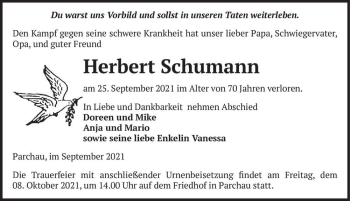 Traueranzeige von Herbert Schumann  von Magdeburger Volksstimme