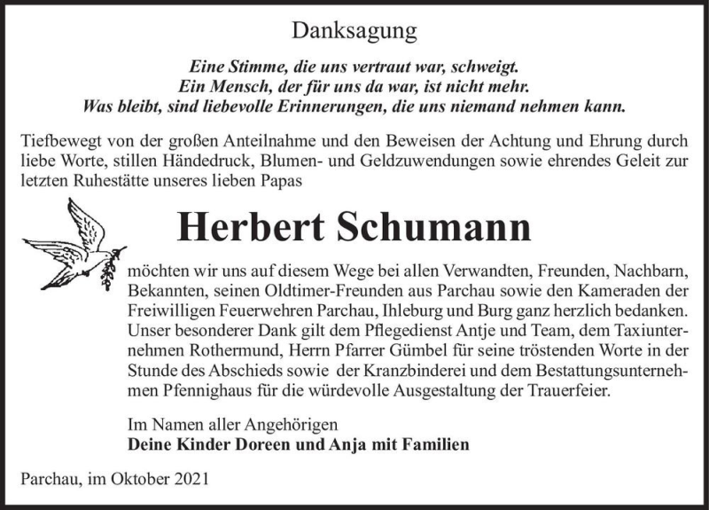 Traueranzeige für Herbert Schumann  vom 16.10.2021 aus Magdeburger Volksstimme