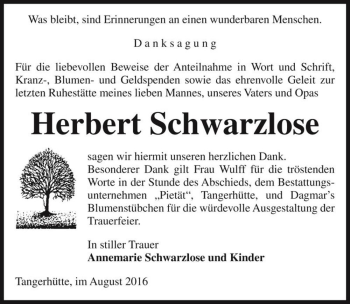 Traueranzeige von Herbert Schwarzlose  von Magdeburger Volksstimme