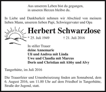 Traueranzeige von Herbert Schwarzlose  von Magdeburger Volksstimme
