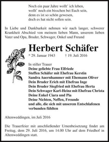 Traueranzeige von Herbert Schäfer  von Magdeburger Volksstimme