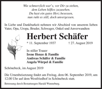 Traueranzeige von Herbert Schäfer  von Magdeburger Volksstimme