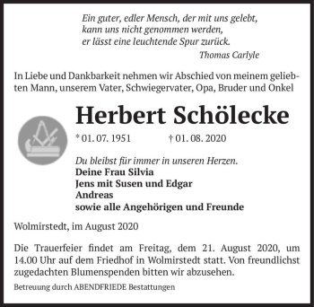 Traueranzeige von Herbert Schölecke  von Magdeburger Volksstimme