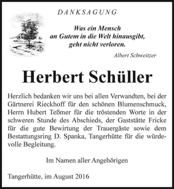 Traueranzeige von Herbert Schüller  von Magdeburger Volksstimme