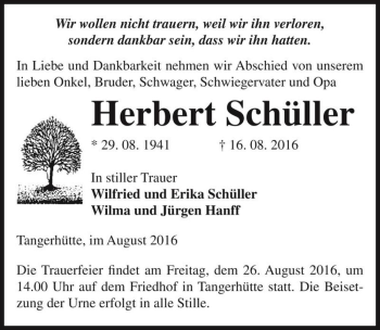 Traueranzeige von Herbert Schüller  von Magdeburger Volksstimme