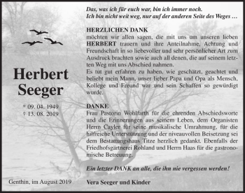 Traueranzeige von Herbert Seeger  von Magdeburger Volksstimme
