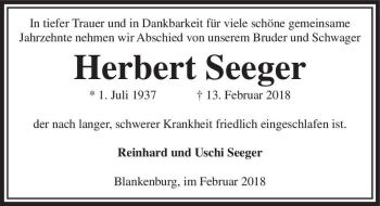 Traueranzeige von Herbert Seeger  von Magdeburger Volksstimme