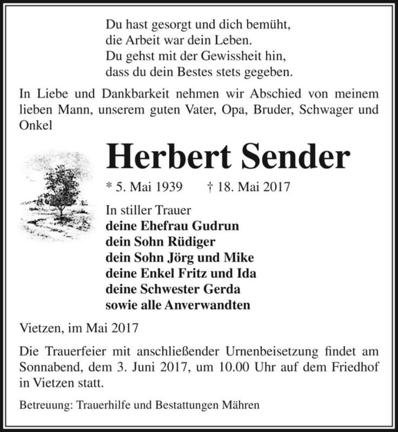  Traueranzeige für Herbert Sender  vom 23.05.2017 aus Magdeburger Volksstimme