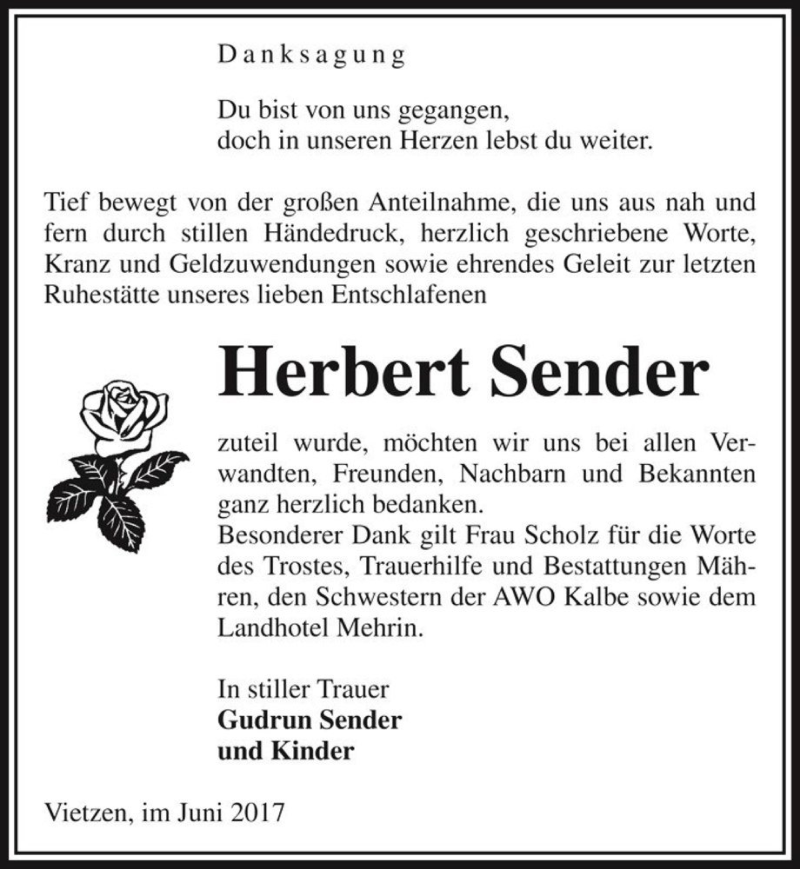  Traueranzeige für Herbert Sender  vom 17.06.2017 aus Magdeburger Volksstimme