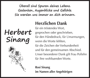 Traueranzeige von Herbert Sinang  von Magdeburger Volksstimme