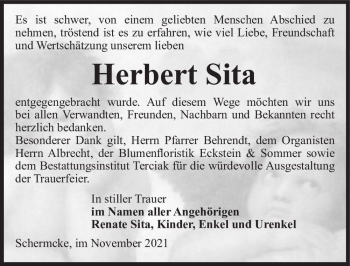 Traueranzeige von Herbert Sita  von Magdeburger Volksstimme