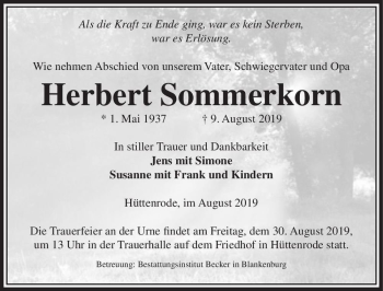 Traueranzeige von Herbert Sommerkorn  von Magdeburger Volksstimme