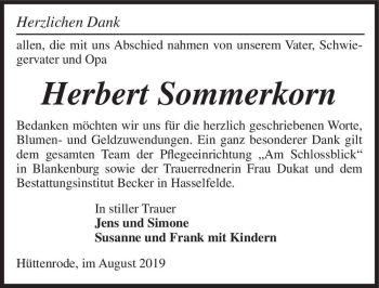 Traueranzeige von Herbert Sommerkorn  von Magdeburger Volksstimme