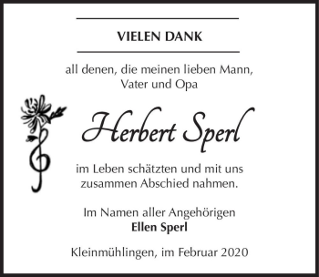 Traueranzeige von Herbert Sperl  von Magdeburger Volksstimme