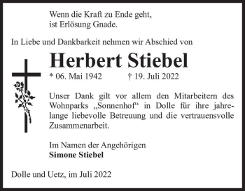 Traueranzeige von Herbert Stiebel  von Magdeburger Volksstimme