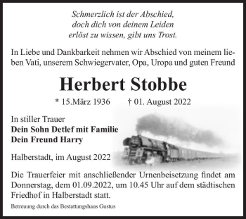 Traueranzeige von Herbert Stobbe  von Magdeburger Volksstimme