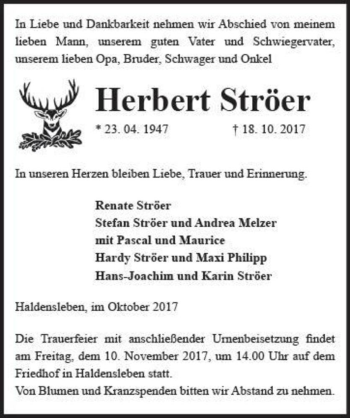 Traueranzeige von Herbert Ströer  von Magdeburger Volksstimme