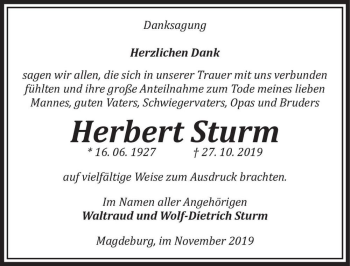 Traueranzeige von Herbert Sturm  von Magdeburger Volksstimme