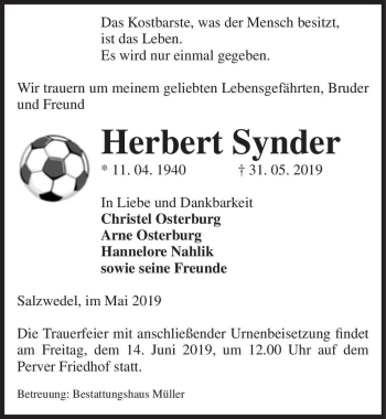 Traueranzeige von Herbert Synder  von Magdeburger Volksstimme