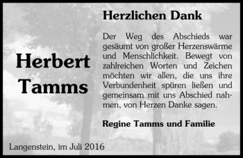 Traueranzeige von Herbert Tamms  von Magdeburger Volksstimme