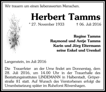 Traueranzeige von Herbert Tamms  von Magdeburger Volksstimme