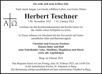 Traueranzeige von Herbert Teschner  von Magdeburger Volksstimme