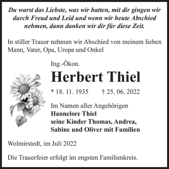 Traueranzeige von Herbert Thiel  von Magdeburger Volksstimme