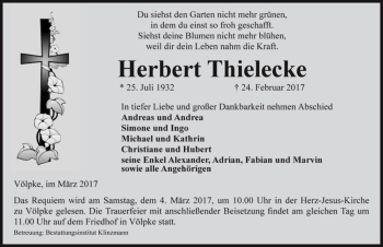 Traueranzeige von Herbert Thielecke  von Magdeburger Volksstimme