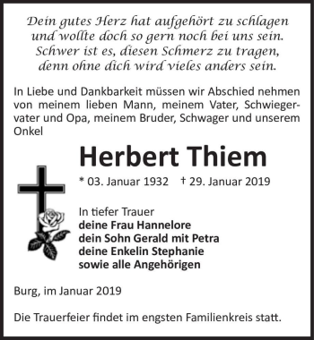 Traueranzeige von Herbert Thiem  von Magdeburger Volksstimme