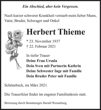 Traueranzeige von Herbert Thieme  von Magdeburger Volksstimme