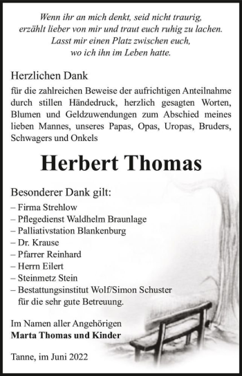 Traueranzeige von Herbert Thomas  von Magdeburger Volksstimme