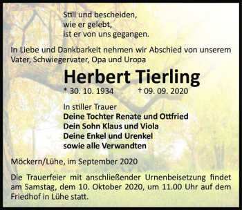 Traueranzeige von Herbert Tierling  von Magdeburger Volksstimme