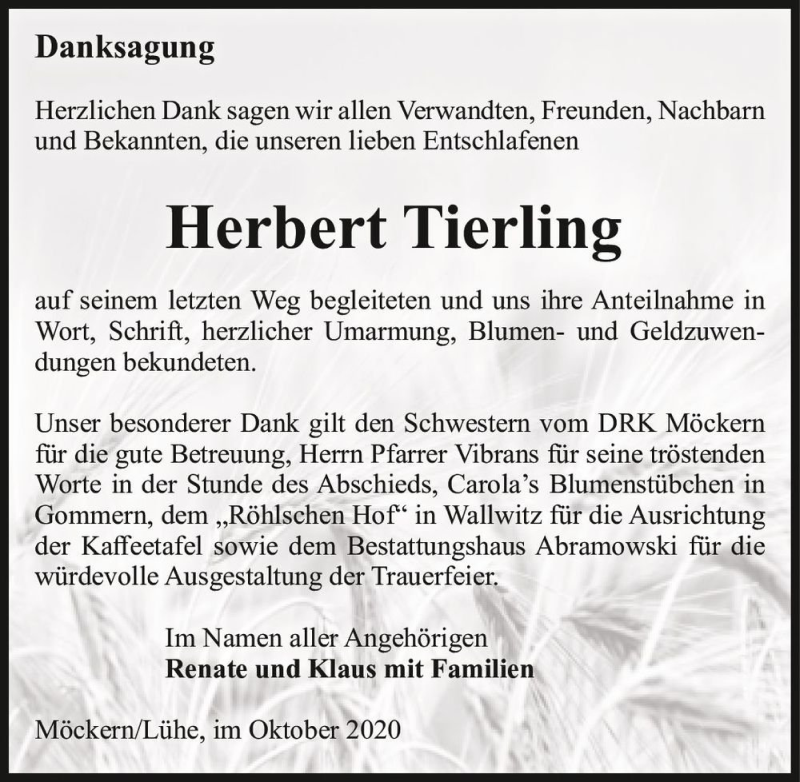  Traueranzeige für Herbert Tierling  vom 17.10.2020 aus Magdeburger Volksstimme