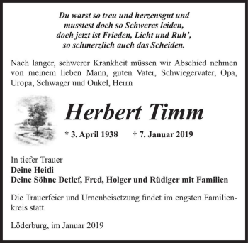 Traueranzeige von Herbert Timm  von Magdeburger Volksstimme
