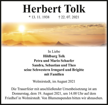 Traueranzeige von Herbert Tolk  von Magdeburger Volksstimme