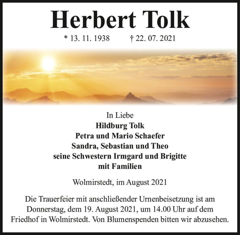  Traueranzeige für Herbert Tolk  vom 07.08.2021 aus Magdeburger Volksstimme