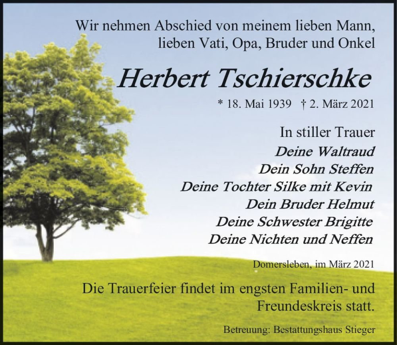  Traueranzeige für Herbert Tschierschke  vom 20.03.2021 aus Magdeburger Volksstimme