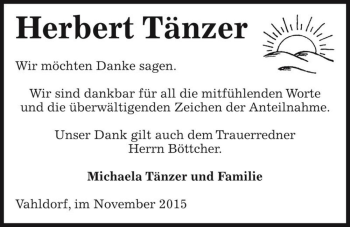 Traueranzeige von Herbert Tänzer  von Magdeburger Volksstimme