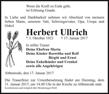 Traueranzeige von Herbert Ullrich  von Magdeburger Volksstimme
