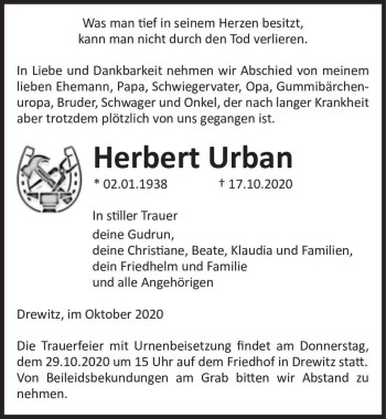 Traueranzeige von Herbert Urban  von Magdeburger Volksstimme