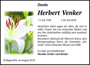 Traueranzeige von Herbert Venker  von Magdeburger Volksstimme