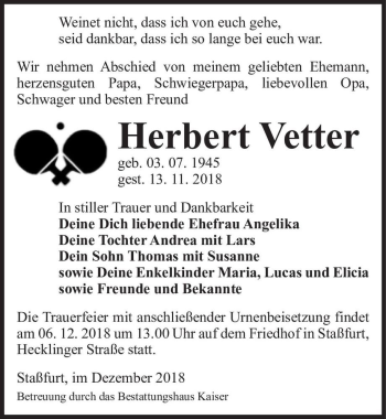Traueranzeige von Herbert Vetter  von Magdeburger Volksstimme