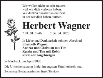 Traueranzeige von Herbert Wagner  von Magdeburger Volksstimme
