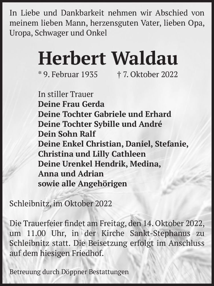  Traueranzeige für Herbert Waldau  vom 12.10.2022 aus Magdeburger Volksstimme