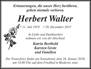 Traueranzeige von Herbert Walter  von Magdeburger Volksstimme