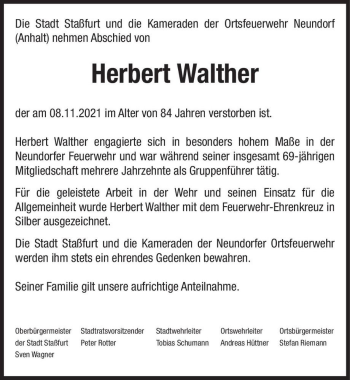 Traueranzeige von Herbert Walther  von Magdeburger Volksstimme