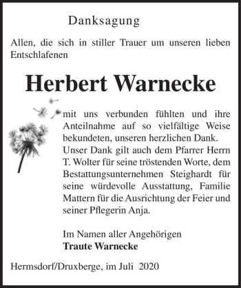 Traueranzeige von Herbert Warnecke  von Magdeburger Volksstimme