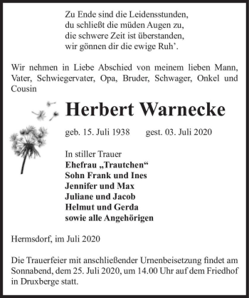 Traueranzeige von Herbert Warnecke  von Magdeburger Volksstimme